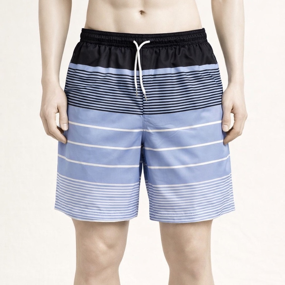Men's Striped Swim Shorts - Black and Blue